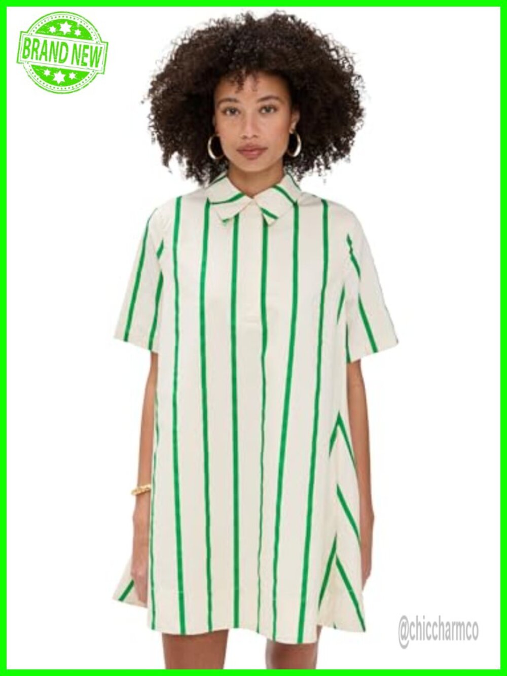 Striped Kaftan Mini Dress Lightweight Shirting Collared Button Front Casual